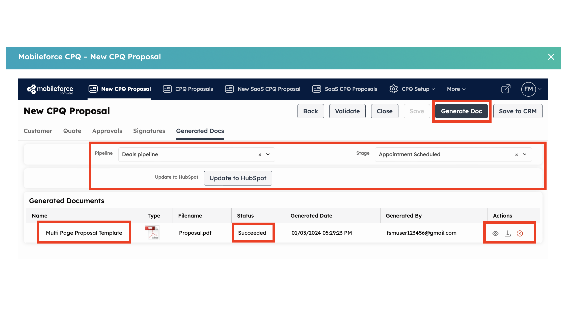 Save to CRM to automatically add  Quote to your HubSpot Deal timeline